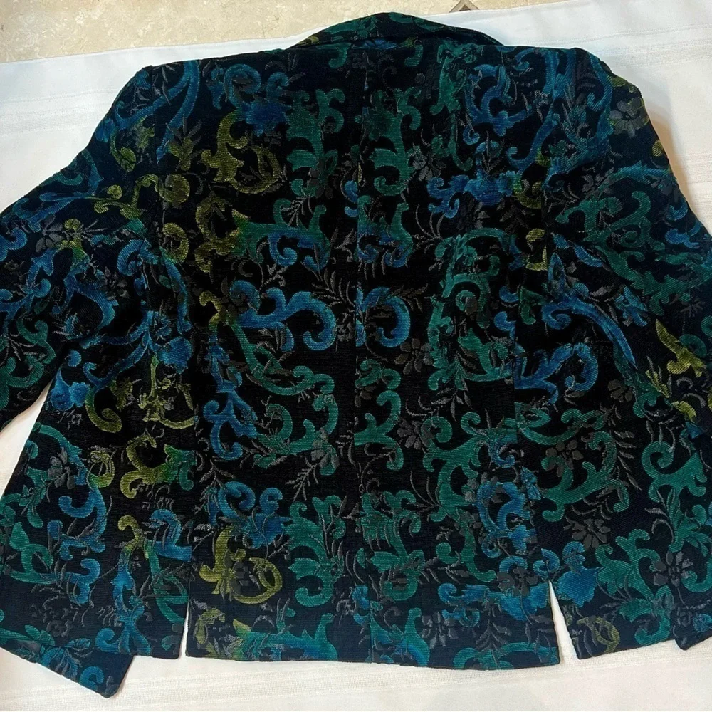 Harvé Benard Black Teal‎ Velvet Damask Open Front Jacket Blazer Sz 12